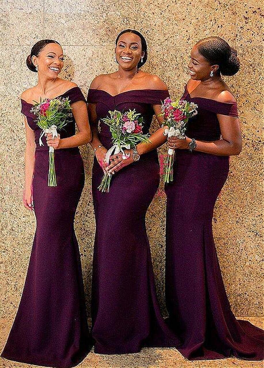 Grape Floor Length Off The Shoulder Satin Bridesmaid Dress GBD061
