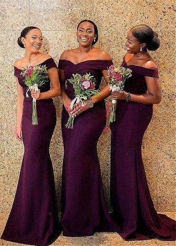 Grape Floor Length Off The Shoulder Satin Bridesmaid Dress GBD061
