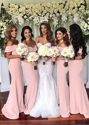 Pink Floor Length Off The Shoulder Mermaid Bridesmaid Dress GBD065