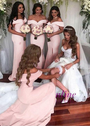 Pink Floor Length Off The Shoulder Mermaid Bridesmaid Dress GBD065