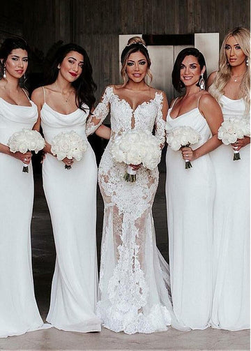 White Floor Length Spaghetti Straps Bridesmaid Dress GBD068