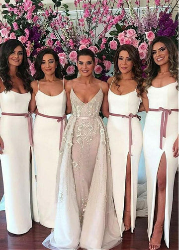 White Floor Length Spaghetti Straps Bridesmaid Dress with Sashes GBD067