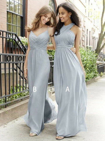 Simple Grey Floor Length Cross Neck Bridesmaid Dress GBD070
