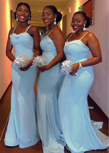 Light Blue Floor Length Spaghetti Straps Mermaid Bridesmaid Dress GBD073