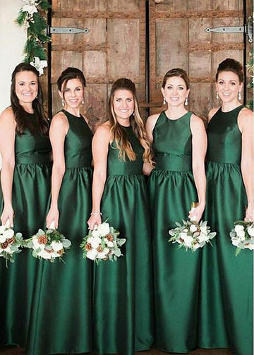 Dark Green Floor Length Satin Bridesmaid Dress GBD079