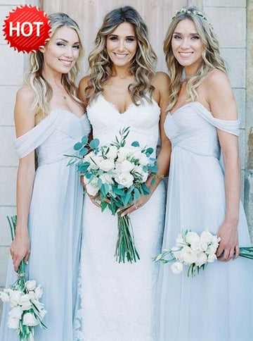 Light Blue Floor Length Off the Shoulder Bridesmaid Dress GBD082