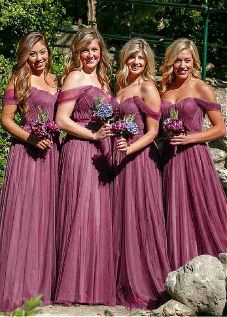 Maroon Floor Length Off The Shoulder Bridesmaid Dress GBD088