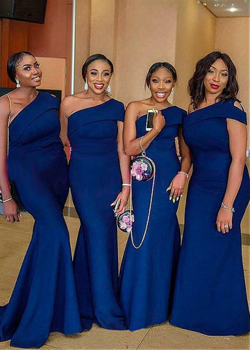 Royal Blue Floor Length One Shoulder Mermaid Bridesmaid Dress GBD072