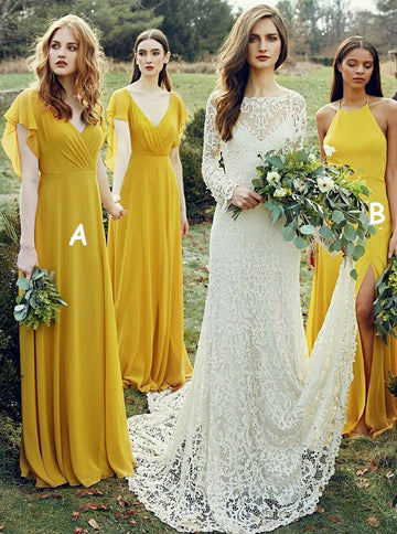 BOHO Yellow Floor Length V-Neck Country Bridesmaid Dress GBD089