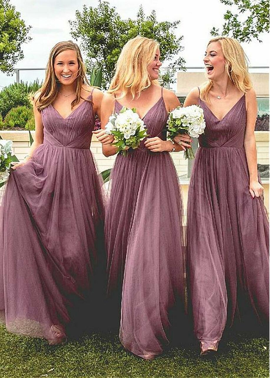 Maroon V neck Tulle Bridesmaid Dress GBD090