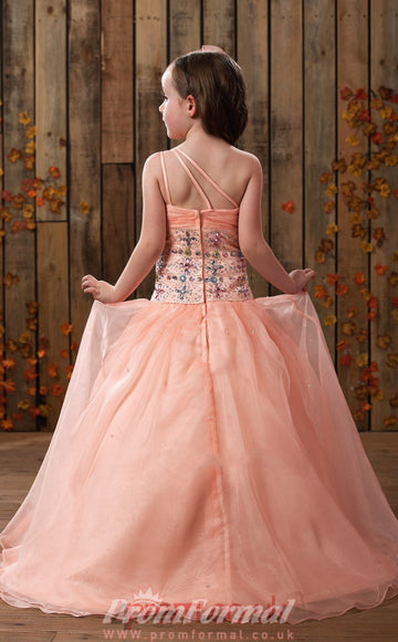 Pink One shoulder Beading Kids Prom Dress ACH002