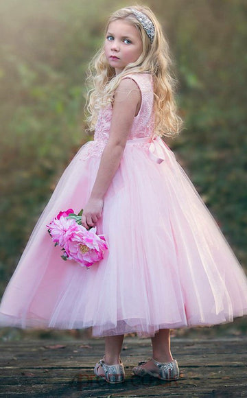 Pink Tea-length Kids Flower Girl Dress BDACH006