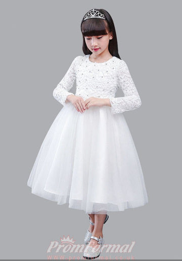 Long Sleeve Candy Pink Organza Lace Tea-length Children's Prom Dress(AHC027)