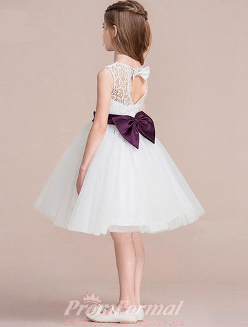 A-line White Lace Organza Knee-length Children's Prom Dress(AHC054)