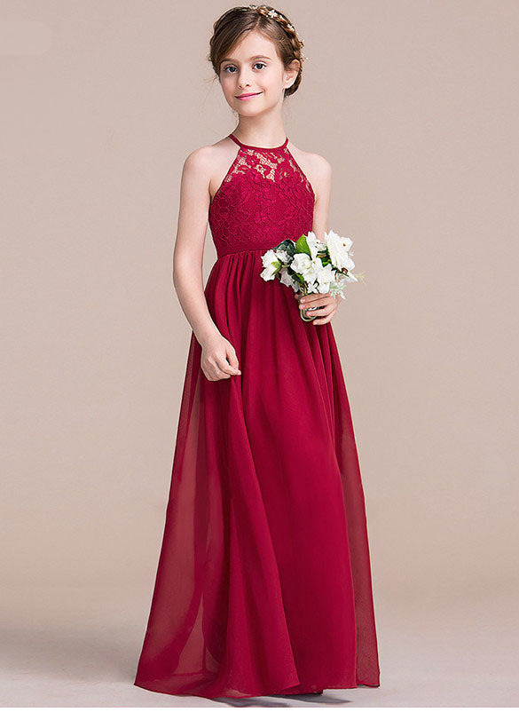 A-line Halter Burgundy Chiffon Floor-length Junior Formal Dress(AHC055)