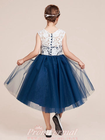 Short Sleeve Dark Navy Lace Tulle Knee-length Children's Prom Dress(AHC056)