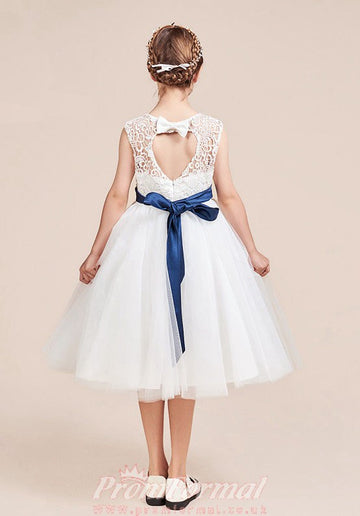 Short Sleeve White Lace Tulle Knee-length Children's Prom Dress(AHC059)