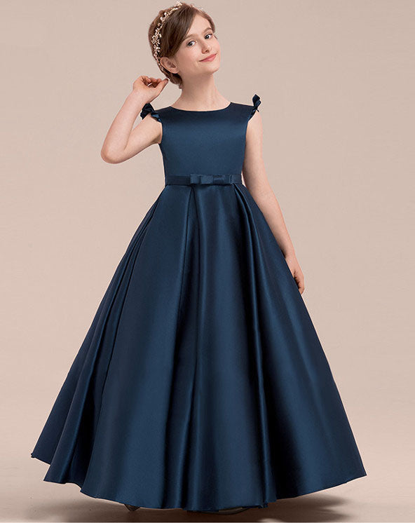 A-line Short Sleeve Dark Navy Satin Floor-length Children's Prom Dress(AHC060)