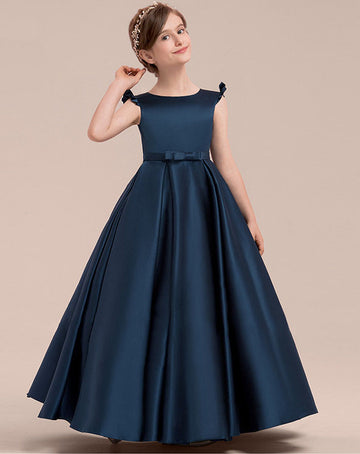 A-line Short Sleeve Dark Navy Satin Floor-length Children's Prom Dress(AHC060)