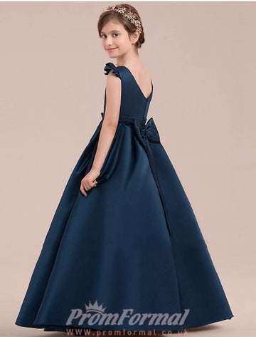 A-line Short Sleeve Dark Navy Satin Floor-length Children's Prom Dress(AHC060)