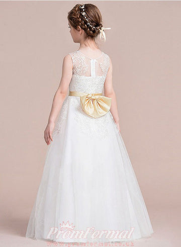 A-line White Lace Tulle Floor-length Children's Prom Dress(AHC061)