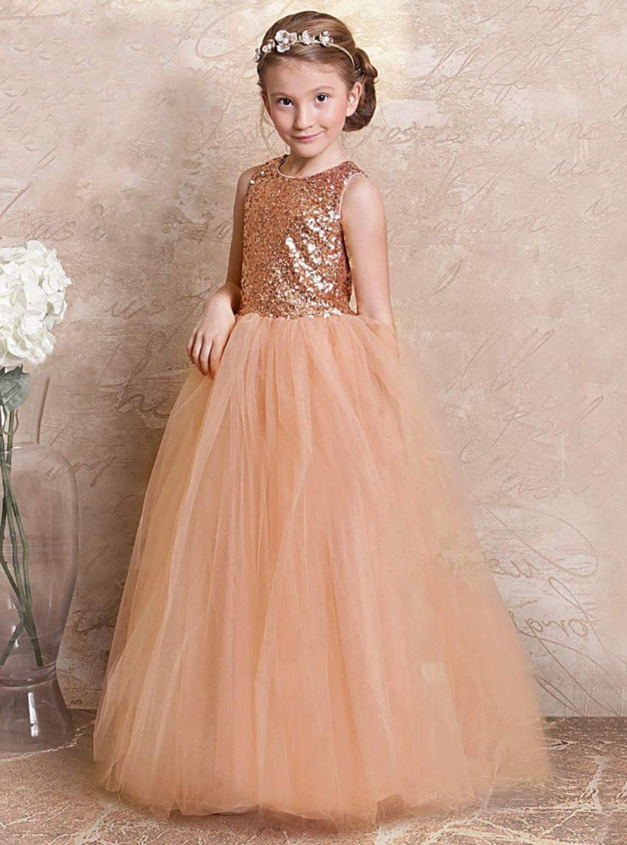 Princess Nude Pink Sequined Tulle Floor-length Children's Prom Dress(AHC064)