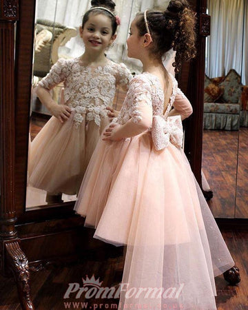 Pink Lace Tulle Long Sleeve Children's Party Dress(AHC071)