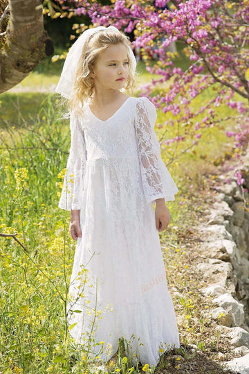 White Lace Long Sleeve Children's Party Dress(AHC073)