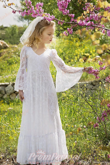 White Lace Long Sleeve Children's Party Dress(AHC073)