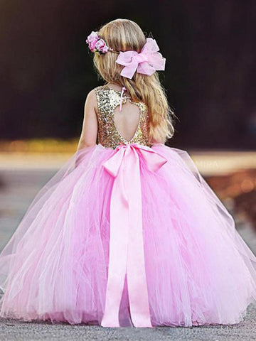 Pink Sequin Tulle Girl Prom Dress ACH111
