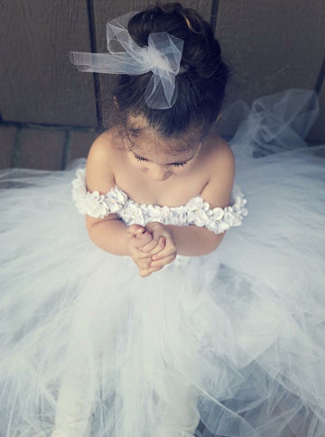 Off-the-Shoulder Toddler Dress with Handmade Flowers ACH127