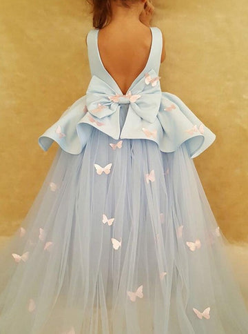 Appliques Butterfly Blue Kids Prom Dress ACH141