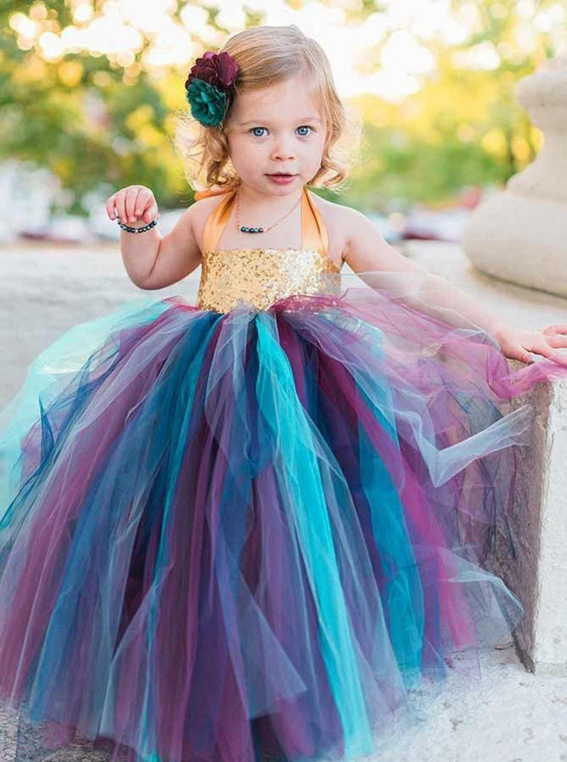 Ball Gown Halter Multi Color Sequin Toddler Flower Girl Dress ACH145
