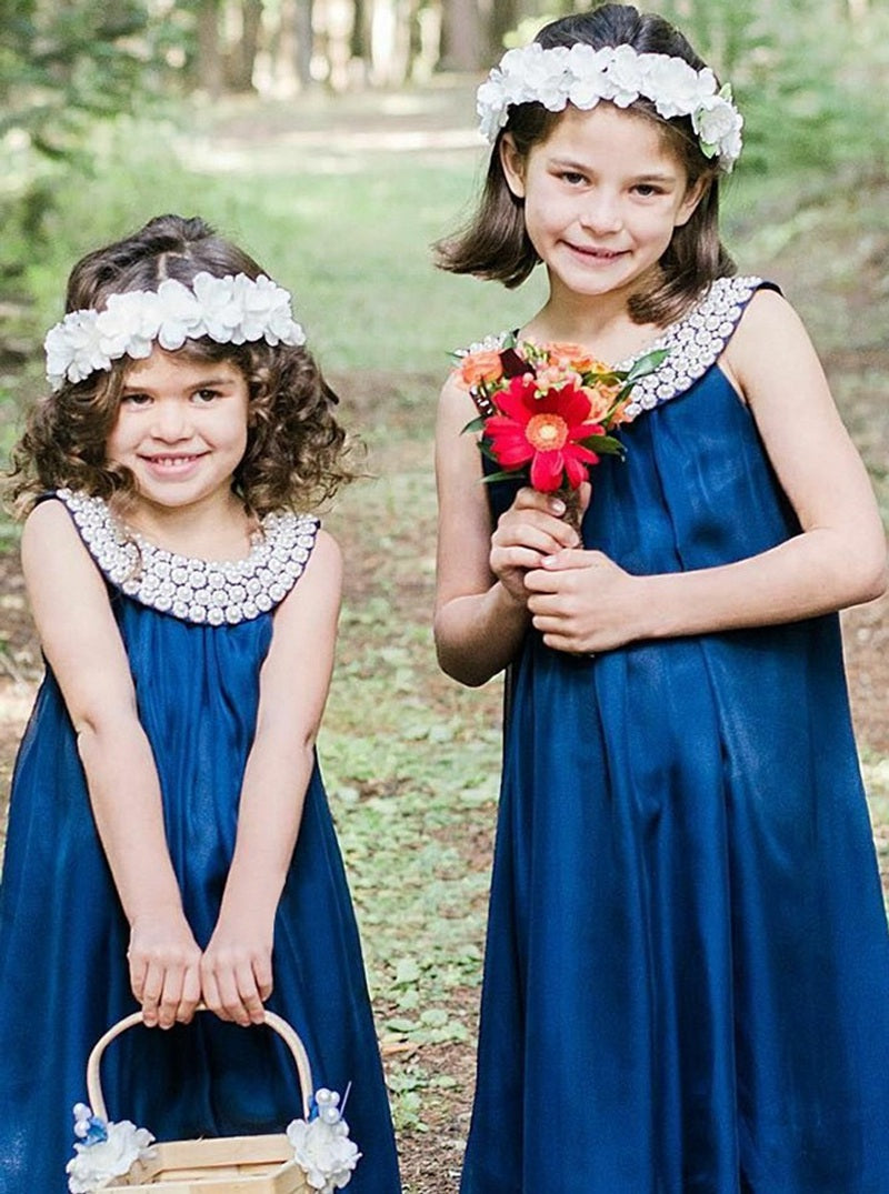 Royal Blue Satin Flower Girl Dress with Pearl Details ACH148
