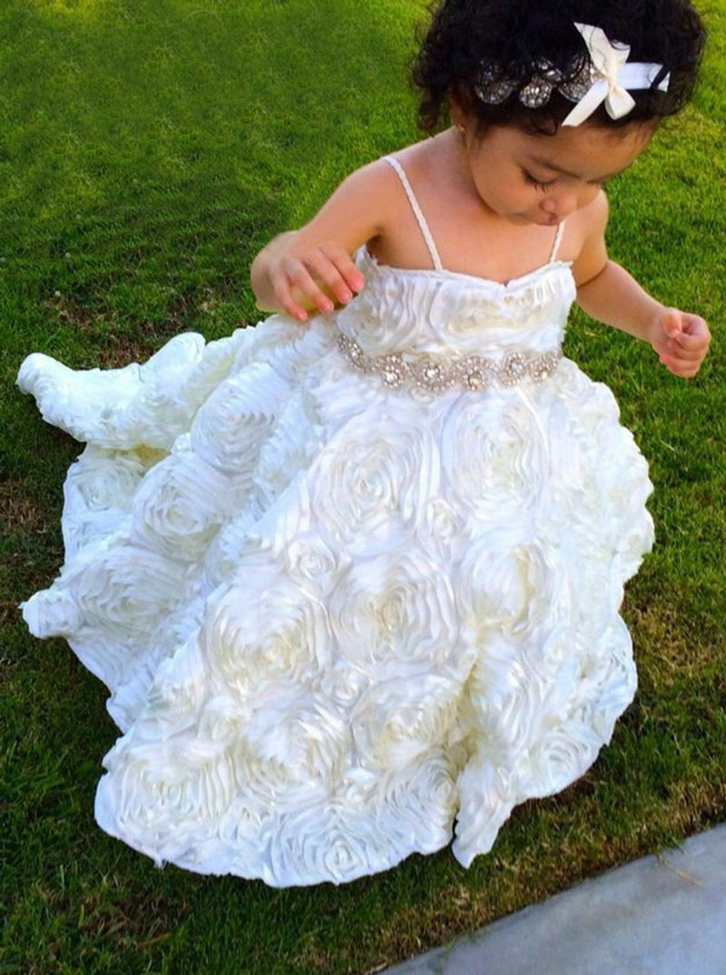 Spaghetti Straps White Ball Gown Flower Girl Dress ACH149