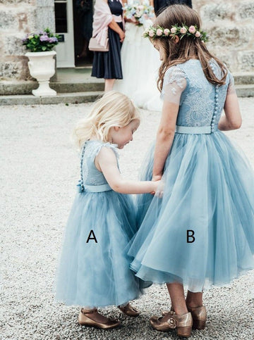Tea-Length Blue Tulle Flower Girl Dress ACH150