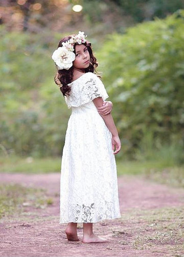 White Lace Boho Short Sleeve long A-line Flower Girl Dress ACH172