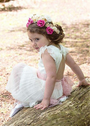 V-neck White Tea-length Toddler Flower Girl Dress ACH180