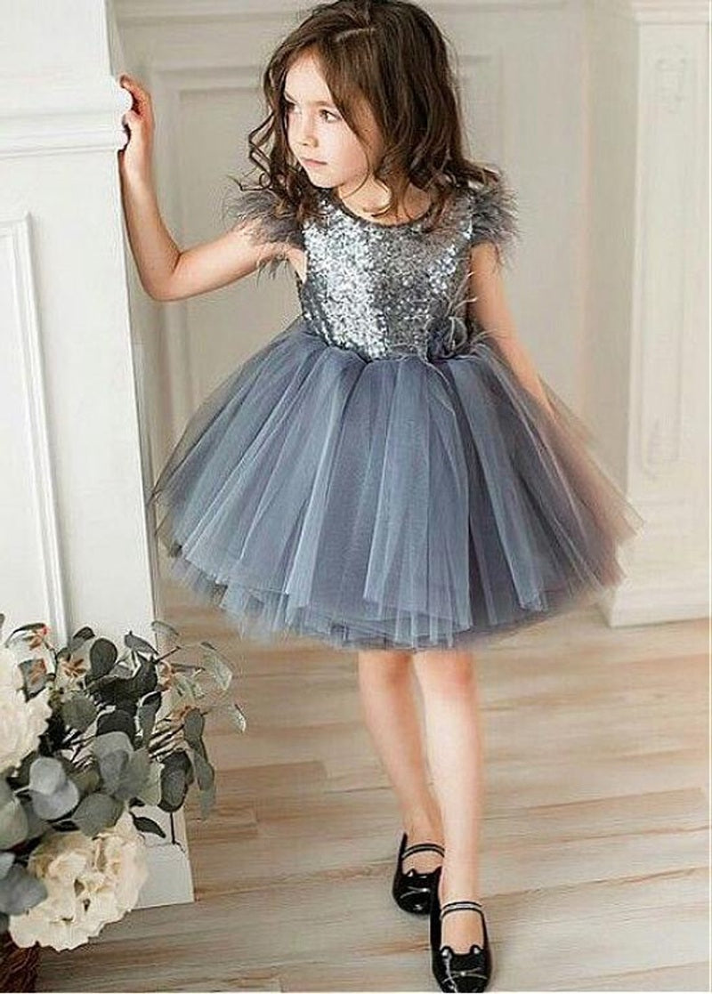 Short Dusty Blue Sequin Kids Party Dress ACH194