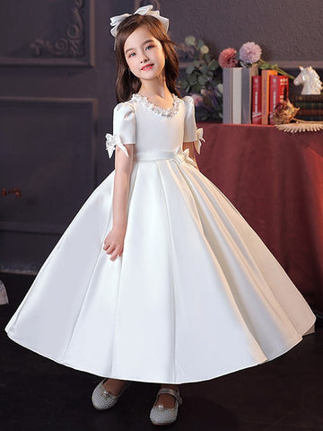 Satin Short Sleeves Tea-Length Communion Dress ACH201