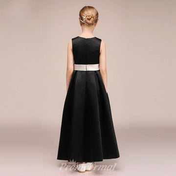 Black Satin Flower Girl Dress with Silver Sashes BCH028