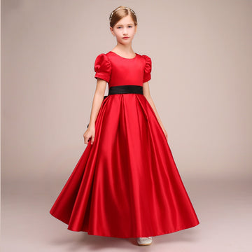 Ruby Satin Kids Girl Short Sleeves Birthday Party Dress With Black Sashes BCH029