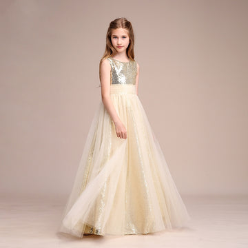 Champagne Sequined Tulle Kids Girl Birthday Party Dress BCH035