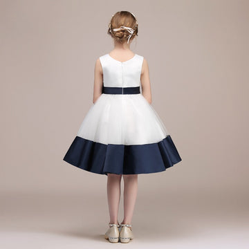 White Satin Kids Girl Knee-length Flower Girl Dress with Bow BDBCH038