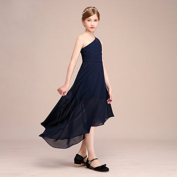 Navy Blue Chiffon Kids Girl High Low Junior Wedding Party Dress BCH044