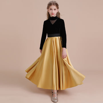 Lovely Black Satin Flannel Kids Girl Long Sleeve Birthday Party Pageant Dress BCH046