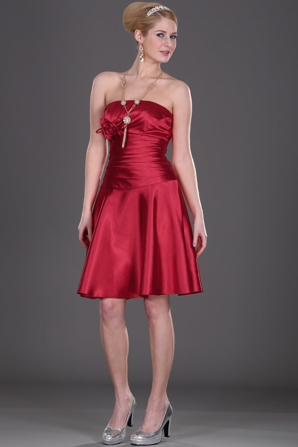 Red Satin A-line Short/Mini With Side Draping Bridesmaid Dress(UKBD03-353)