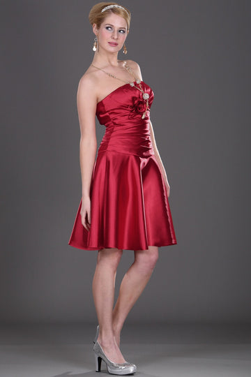 Red Satin A-line Short/Mini With Side Draping Bridesmaid Dress(UKBD03-353)