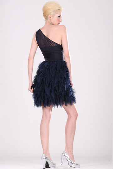 Dark Navy Velvet Chiffon A-line One Shoulder Short/Mini Cascading Ruffles Bridesmaid Dress(UKBD03-360)