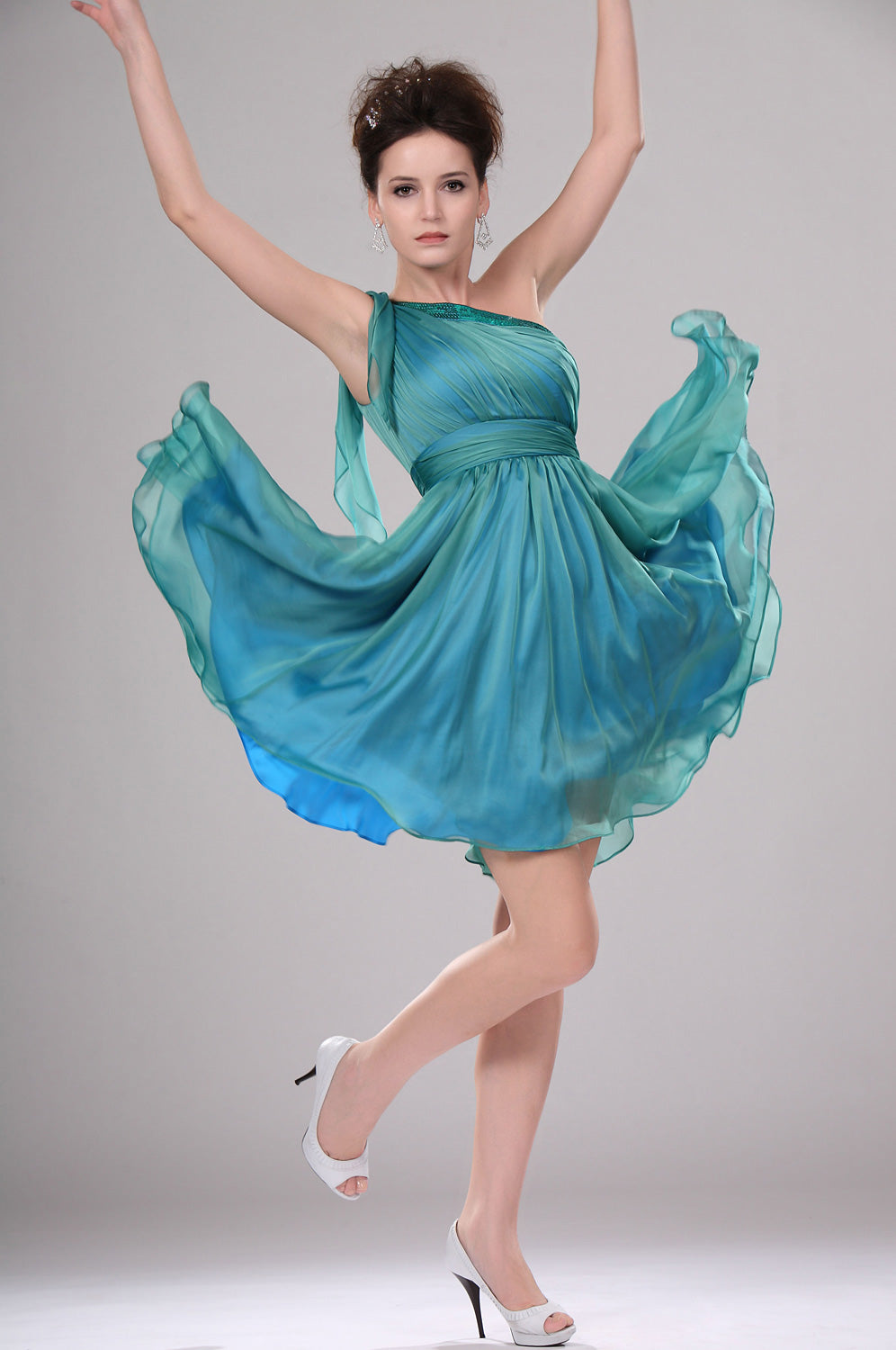 Dark Turquoise Velvet Chiffon A-line One Shoulder Short/Mini Bridesmaid Dress(UKBD03-366)